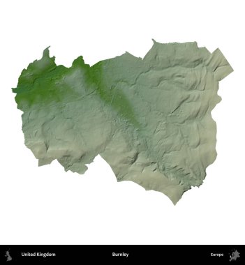 Burnley. Birleşik Krallık 'ın idari alanı renkli bir yükseklik haritasında beyaz üzerine izole edilmiş