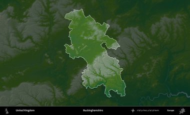 Buckinghamshire 'da. Birleşik Krallık 'ın idari alanı koyu renkli bir yükseklik haritasına vurgulanmış ve özetlenmiştir
