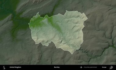 Burnley. Birleşik Krallık 'ın idari alanı koyu renkli bir yükseklik haritasına vurgulanmış ve özetlenmiştir
