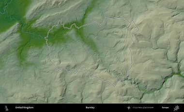 Burnley. Renkli bir yükseklik haritasında Birleşik Krallık 'ın özetlenmiş yönetim alanı