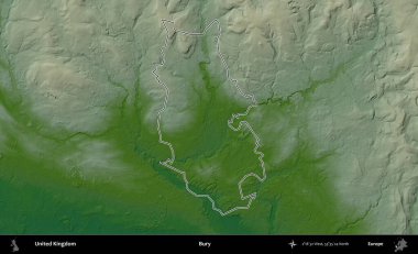Gömmek. Renkli bir yükseklik haritasında Birleşik Krallık 'ın özetlenmiş yönetim alanı