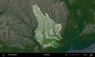 Caerphilly 'de. Birleşik Krallık 'ın idari alanı koyu renkli bir yükseklik haritasına vurgulanmış ve özetlenmiştir