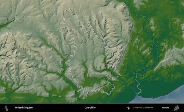 Caerphilly 'de. Renkli bir yükseklik haritasında Birleşik Krallık 'ın özetlenmiş yönetim alanı