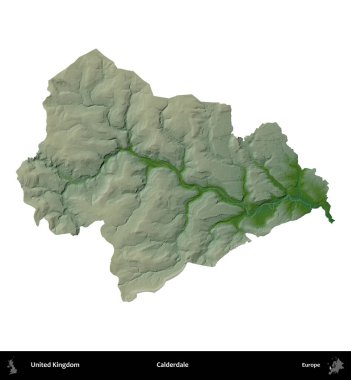 Calderdale 'de. Birleşik Krallık 'ın idari alanı renkli bir yükseklik haritasında beyaz üzerine izole edilmiş