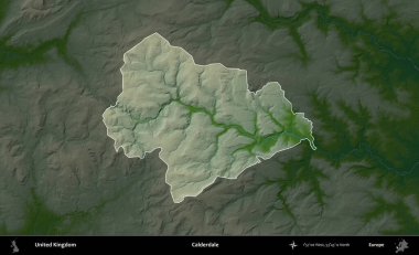 Calderdale 'de. Birleşik Krallık 'ın idari alanı koyu renkli bir yükseklik haritasına vurgulanmış ve özetlenmiştir