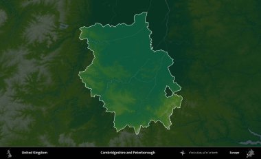Cambridgeshire ve Peterborough. Birleşik Krallık 'ın idari alanı koyu renkli bir yükseklik haritasına vurgulanmış ve özetlenmiştir