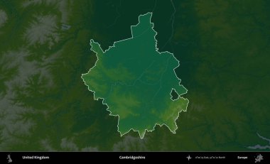 Cambridgeshire. Birleşik Krallık 'ın idari alanı koyu renkli bir yükseklik haritasına vurgulanmış ve özetlenmiştir
