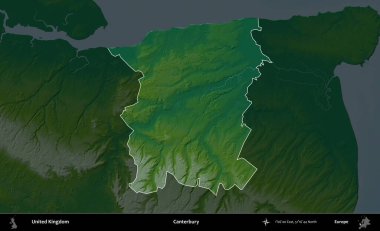 Canterbury 'de. Birleşik Krallık 'ın idari alanı koyu renkli bir yükseklik haritasına vurgulanmış ve özetlenmiştir