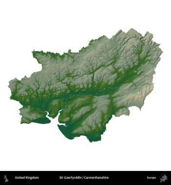 Sör Gaerfyrddin / Carmarthenshire. Birleşik Krallık 'ın idari alanı renkli bir yükseklik haritasında beyaz üzerine izole edilmiş