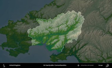 Sör Gaerfyrddin / Carmarthenshire. Birleşik Krallık 'ın idari alanı koyu renkli bir yükseklik haritasına vurgulanmış ve özetlenmiştir