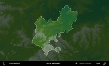Bedfordshire Merkez. Birleşik Krallık 'ın idari alanı koyu renkli bir yükseklik haritasına vurgulanmış ve özetlenmiştir