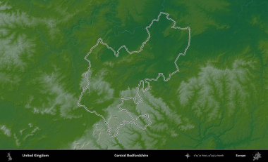 Bedfordshire Merkez. Renkli bir yükseklik haritasında Birleşik Krallık 'ın özetlenmiş yönetim alanı