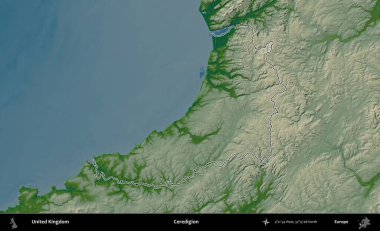 Ceredigion. Renkli bir yükseklik haritasında Birleşik Krallık 'ın özetlenmiş yönetim alanı