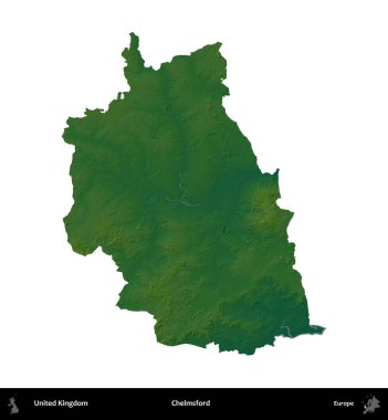 Chelmsford 'da. Birleşik Krallık 'ın idari alanı renkli bir yükseklik haritasında beyaz üzerine izole edilmiş