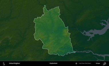 Chelmsford 'da. Birleşik Krallık 'ın idari alanı koyu renkli bir yükseklik haritasına vurgulanmış ve özetlenmiştir