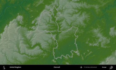 Cherwell. Renkli bir yükseklik haritasında Birleşik Krallık 'ın özetlenmiş yönetim alanı