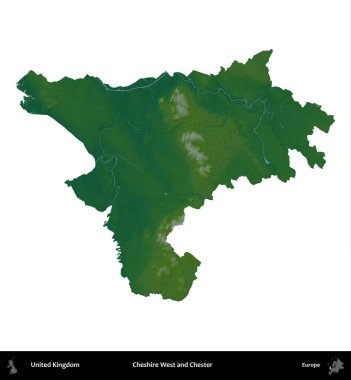 Cheshire West ve Chester. Birleşik Krallık 'ın idari alanı renkli bir yükseklik haritasında beyaz üzerine izole edilmiş