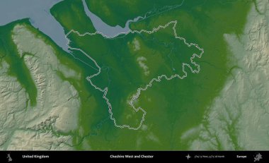 Cheshire West ve Chester. Renkli bir yükseklik haritasında Birleşik Krallık 'ın özetlenmiş yönetim alanı