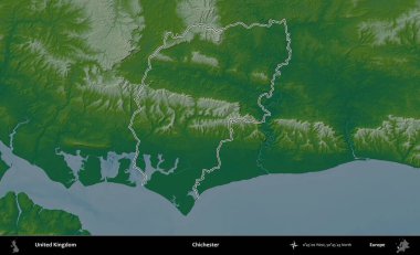 Chichester. Renkli bir yükseklik haritasında Birleşik Krallık 'ın özetlenmiş yönetim alanı