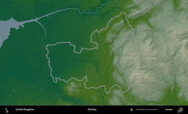 Chorley. Renkli bir yükseklik haritasında Birleşik Krallık 'ın özetlenmiş yönetim alanı