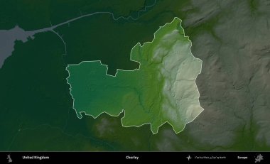 Chorley. Birleşik Krallık 'ın idari alanı koyu renkli bir yükseklik haritasına vurgulanmış ve özetlenmiştir