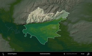 Clackmannanshire. Birleşik Krallık 'ın idari alanı koyu renkli bir yükseklik haritasına vurgulanmış ve özetlenmiştir