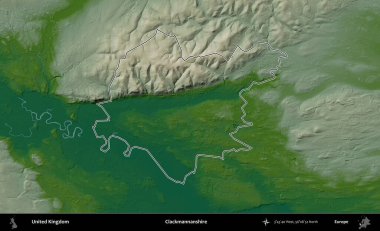 Clackmannanshire. Renkli bir yükseklik haritasında Birleşik Krallık 'ın özetlenmiş yönetim alanı