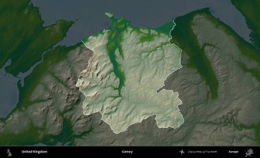 Conwy. Birleşik Krallık 'ın idari alanı koyu renkli bir yükseklik haritasına vurgulanmış ve özetlenmiştir