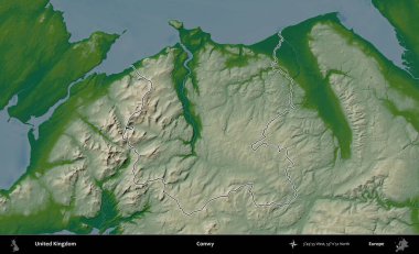 Conwy. Renkli bir yükseklik haritasında Birleşik Krallık 'ın özetlenmiş yönetim alanı