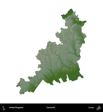 Cotswold. Birleşik Krallık 'ın idari alanı renkli bir yükseklik haritasında beyaz üzerine izole edilmiş