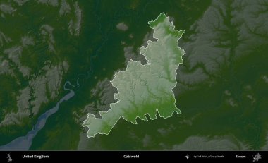 Cotswold. Birleşik Krallık 'ın idari alanı koyu renkli bir yükseklik haritasına vurgulanmış ve özetlenmiştir