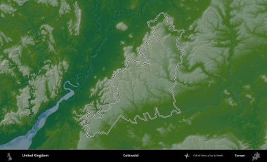 Cotswold. Renkli bir yükseklik haritasında Birleşik Krallık 'ın özetlenmiş yönetim alanı
