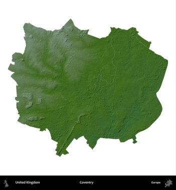 Coventry. Birleşik Krallık 'ın idari alanı renkli bir yükseklik haritasında beyaz üzerine izole edilmiş