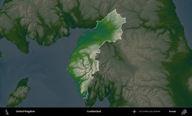 Cumberland. Birleşik Krallık 'ın idari alanı koyu renkli bir yükseklik haritasına vurgulanmış ve özetlenmiştir