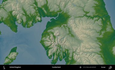Cumberland. Renkli bir yükseklik haritasında Birleşik Krallık 'ın özetlenmiş yönetim alanı