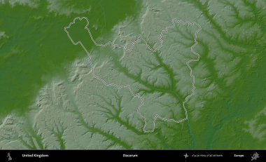 Dacorum. Renkli bir yükseklik haritasında Birleşik Krallık 'ın özetlenmiş yönetim alanı