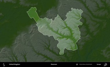 Dacorum. Birleşik Krallık 'ın idari alanı koyu renkli bir yükseklik haritasına vurgulanmış ve özetlenmiştir