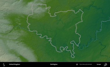 Darlington. Renkli bir yükseklik haritasında Birleşik Krallık 'ın özetlenmiş yönetim alanı