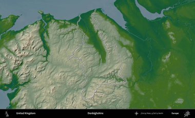 Denbighshire 'da. Renkli bir yükseklik haritasında Birleşik Krallık 'ın özetlenmiş yönetim alanı