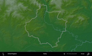 Derbi. Renkli bir yükseklik haritasında Birleşik Krallık 'ın özetlenmiş yönetim alanı