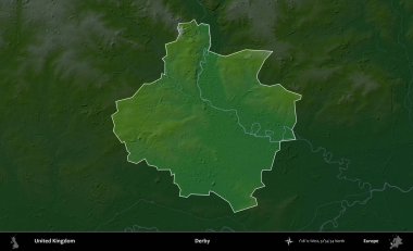 Derbi. Birleşik Krallık 'ın idari alanı koyu renkli bir yükseklik haritasına vurgulanmış ve özetlenmiştir