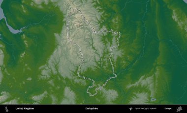 Derbyshire 'da. Renkli bir yükseklik haritasında Birleşik Krallık 'ın özetlenmiş yönetim alanı