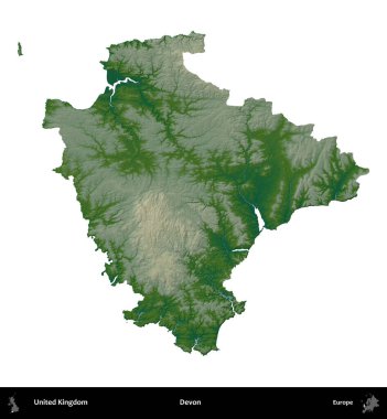 Devon. Birleşik Krallık 'ın idari alanı renkli bir yükseklik haritasında beyaz üzerine izole edilmiş