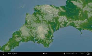 Devon. Renkli bir yükseklik haritasında Birleşik Krallık 'ın özetlenmiş yönetim alanı