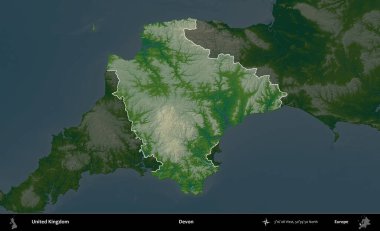 Devon. Birleşik Krallık 'ın idari alanı koyu renkli bir yükseklik haritasına vurgulanmış ve özetlenmiştir