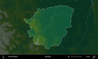 Doncaster 'da. Birleşik Krallık 'ın idari alanı koyu renkli bir yükseklik haritasına vurgulanmış ve özetlenmiştir