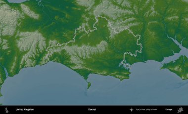 Dorset. Renkli bir yükseklik haritasında Birleşik Krallık 'ın özetlenmiş yönetim alanı