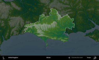 Dorset. Birleşik Krallık 'ın idari alanı koyu renkli bir yükseklik haritasına vurgulanmış ve özetlenmiştir
