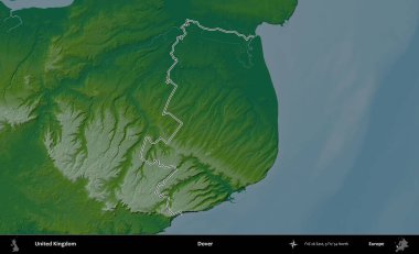 Dover. Renkli bir yükseklik haritasında Birleşik Krallık 'ın özetlenmiş yönetim alanı