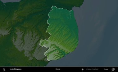 Dover. Birleşik Krallık 'ın idari alanı koyu renkli bir yükseklik haritasına vurgulanmış ve özetlenmiştir